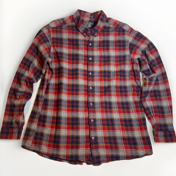 Eddie Bauer Mens TXL tall XL Red Plaid Long Sleeve Button Up FLANNEL Shirt - Picture 2 of 6